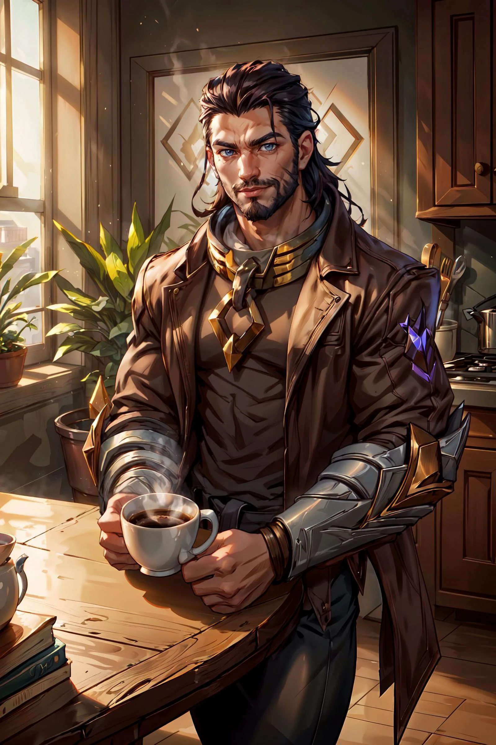 medium shot, portrait of sylas \(league of legends\), shackles, (smirk:0.8), (casual wear), large bulge, (a cup of hot coffee on the table:1.05), modern neat kitchen, big pectorals, (potted plant:0.8), window with view,
rule of thirds, (masterpiece, best quality:1.2), (sharp, detailed:1.2), ultra high res, (best resolution, 8k, UHD, HDR:1.2) <lora:sylas_lol:0.8> <lora:add_detail:0.4>