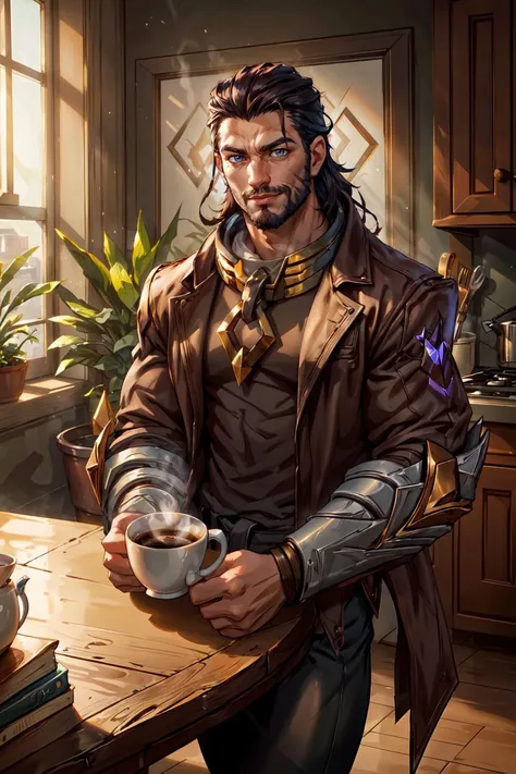 medium shot, portrait of sylas \(league of legends\), shackles, (smirk:0.8), (casual wear), large bulge, (a cup of hot coffee on the table:1.05), modern neat kitchen, big pectorals, (potted plant:0.8), window with view,
rule of thirds, (masterpiece, best quality:1.2), (sharp, detailed:1.2), ultra high res, (best resolution, 8k, UHD, HDR:1.2) <lora:sylas_lol:0.8> <lora:add_detail:0.4>