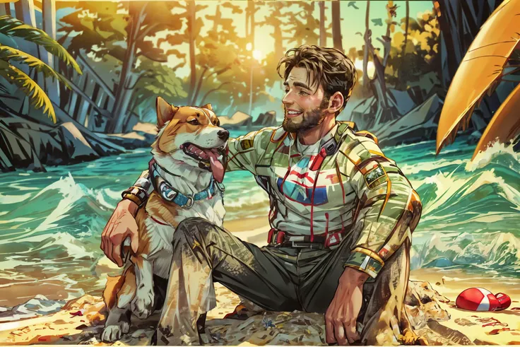 medium full shot, chrisevans person playing with his pet on the beach, corgi style by snatti, PIXIV, energetic, adventurous, happy, (beach ball:0.75), wearing khaki shorts, warm colors,
(masterpiece), best quality, (absurdres), deep focus, intricate details, 8k, HDR, detailed background,
<lora:corgi style by_20231101164707:0.6> <lora:chrisevans_30760:1> <lora:add_detail:0.3>