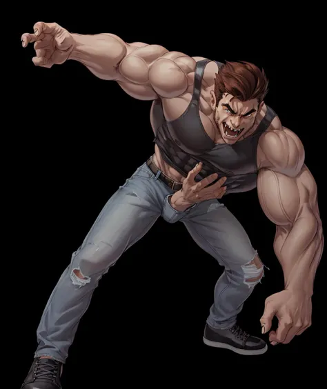 (RAW photo), muscular dilf, dynamic pose, brown hair, 1boy, (pointed ears:0.6), very short hair, angry, jeans, black shoes, (claws:0.7), fangs, pale skin, open mouth