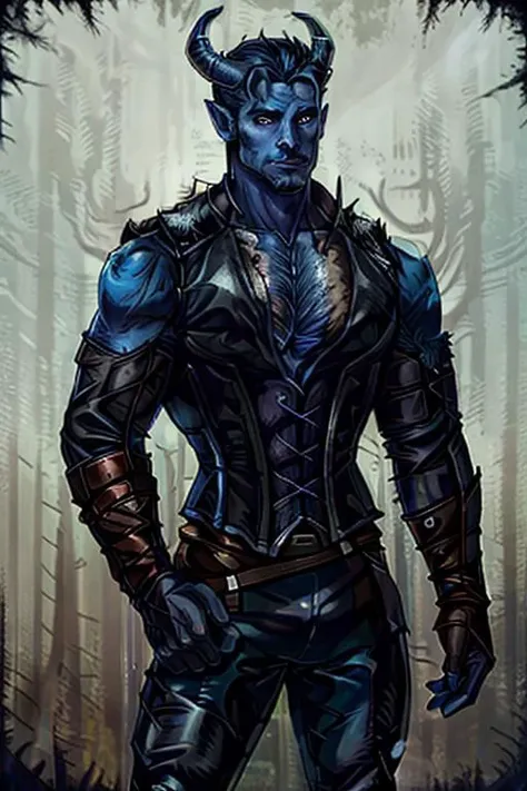 Male tiefling druid, blue skin, long black hair, black horns, black beard, leather, fur, viking, bare hairy chest, corset vest