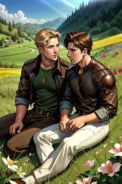 A perfect gay couple of lovers, 2boys, first man dark brown short hair and second man blond hair, dark brown eyes, sitting on the ground, romance fantasy movie, flowers, in the hillside
film grain, photorealsitic, soft light, exposure blend, medium shot, realistic illustration,