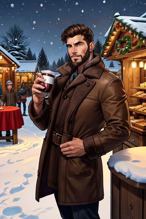 30 year old handsome man, manly, muscular, brown stubble hair, medium stubble beard, holding 2 cups of hot wine, standing next to small round wood table, Christmas market, winter, snow, cold, looking thoughtful to the viewer, waiting