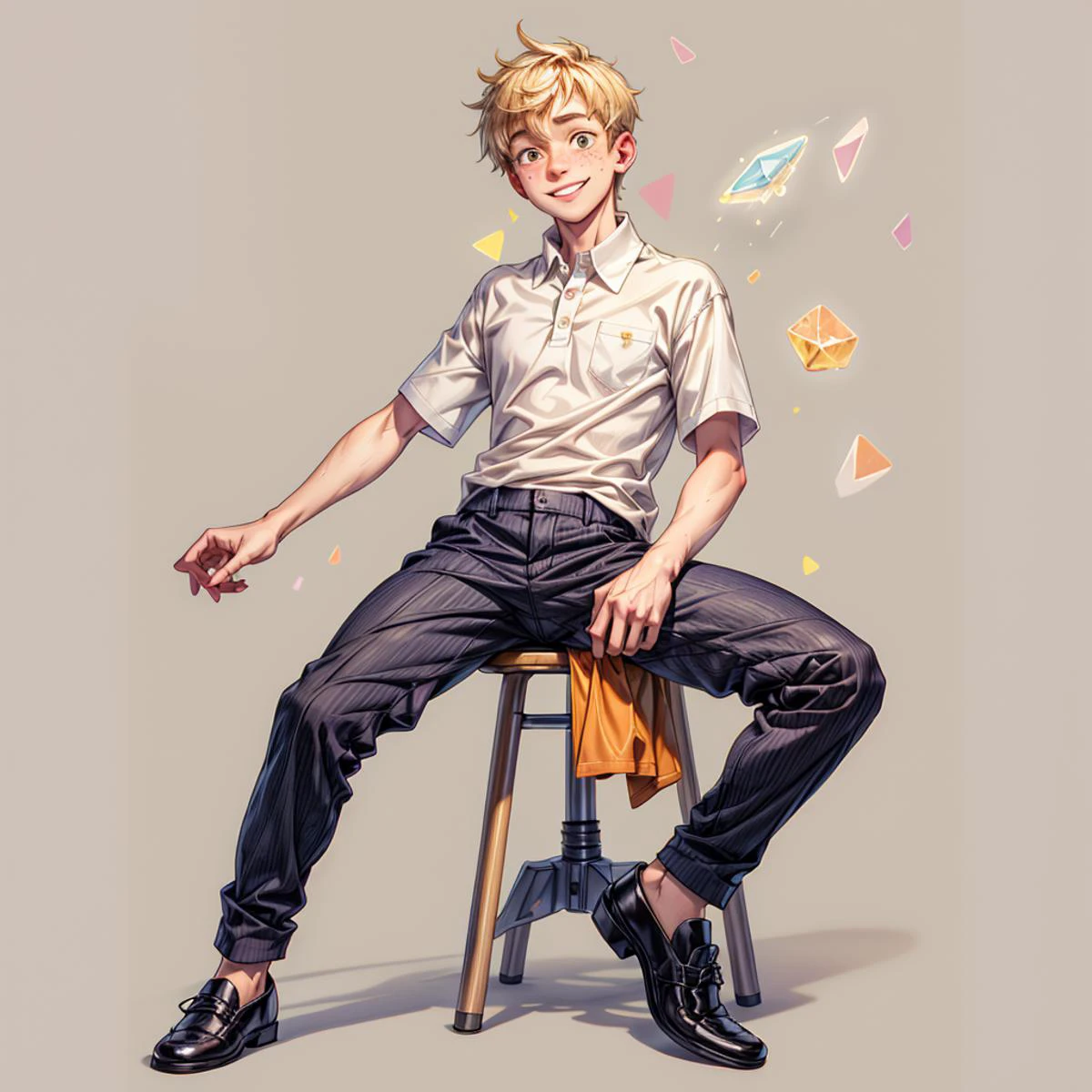 full body, concep art of boy ,Honey Blonde,Angular fringe, 20yo, freckles, lean, light skin, smooth smiling, wearing Work pants, Polo shirt, Dress shoes, , , masterpiece, ultra detailled, intricate detailled background <lora:muscle_slider_v1:-2> shirtless ,barefoott <lora:more_details:1> <lora:GoodHands-vanilla:1>