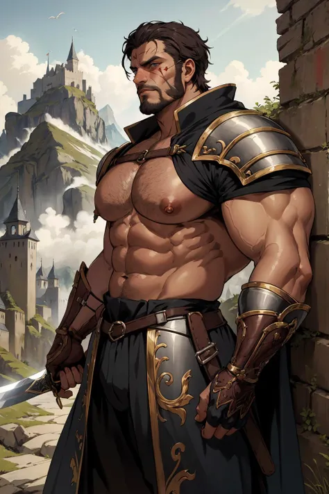 best quality, masterpiece, (absurdres, highres, ultra detailed, extremely detailed), detailed face, detailed eyes, detailed background, vivid castle background, mountainous, a gruff looking swordsman with an ornate sword, cliff, face scar, worried, overlooking medieval city, in the style of dark souls \(series\), dark fantasy, (muscular), (large pectorals), (puffy nipples)