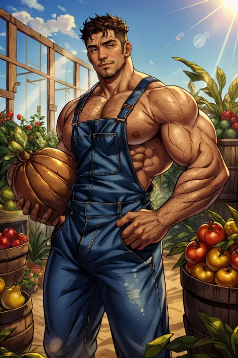 realistic, masterpiece, intricate details, detailed background, depth of field, cinematic, bara, muscular, pectorals, photo of a handsome (latino man), wearing naked overalls, farming, crops, plants, greenhouse, barrels, bushels of fruits and vegetables, sunlight, (smile:0.7), dirty clothes, sweaty, looking at viewer,