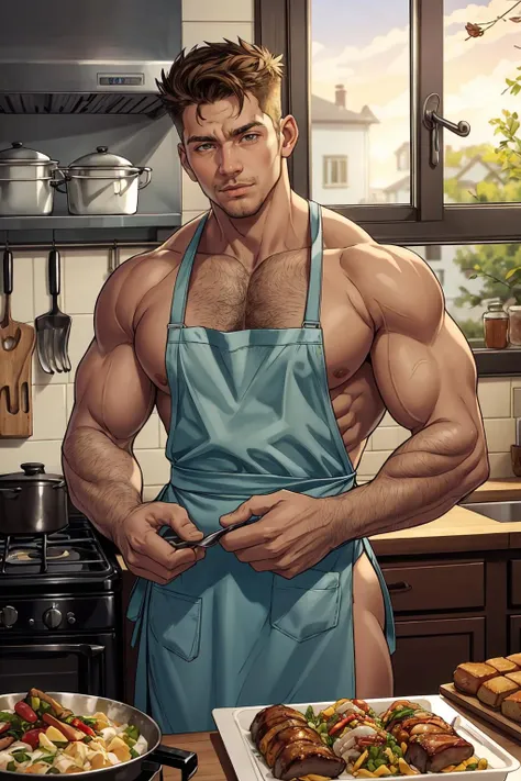 photo of a man cooking in the kitchen wearing naked apron, (20 years old), (smirk:0.7), food, window, large pectorals, leaning in, shirtless, best quality, masterpiece, detailed background, depth of field, intricate details