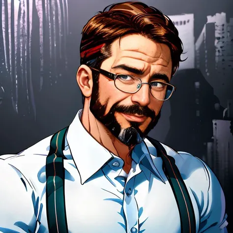 (RAW photo), <lora:DirkCaber:0.85>, dirkcaber, portrait, close-up, (mature male:1.1), facing viewer, (straight-on:1.2), muscular male, absurdres, simple background, glasses, striped, dress shirt, suspenders