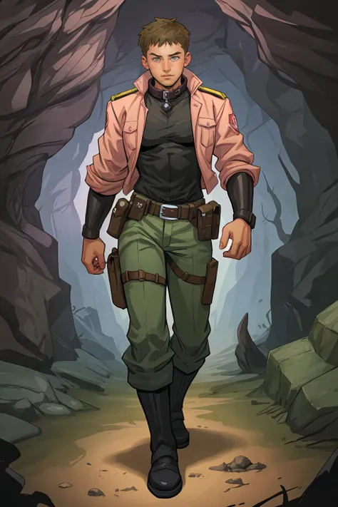 comic illustration, jim-lee-style <lora:sc_dan_adam_epoch_5:0.8> male scdanperson, wearing a pink assassin uniform, DC comics, high collar, holster, caverns