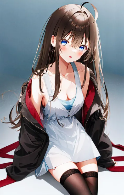 1girl, ahoge, bangs, bare_shoulders, black_legwear, blue_eyes, blush, breasts, brown_hair, camisole, cleavage, collarbone, earrings, eyebrows_visible_through_hair, gradient, gradient_background, hair_between_eyes, ichinose_shiki, jacket, jewelry, labcoat, long_hair, long_sleeves, looking_at_viewer, medium_breasts, off_shoulder, open_clothes, parted_lips, shirt, sitting, solo, thighhighs, thighs, very_long_hair, wavy_hair, white_jacket <lora:style_WERI:1>