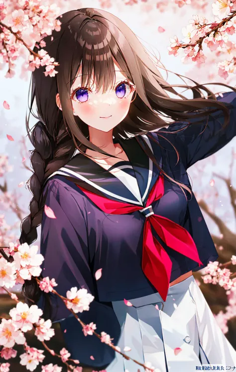 1girl, bangs, black_serafuku, black_shirt, blue_eyes, blue_sky, blurry, blurry_background, blurry_foreground, blush, braid, branch, brown_hair, cherry_blossoms, closed_mouth, collarbone, day, depth_of_field, eyebrows_visible_through_hair, falling_petals, flower, graduation, hair_flower, hair_ornament, hanami, hand_up, holding, holding_flower, long_hair, long_sleeves, looking_at_viewer, neckerchief, outdoors, petals, pink_flower, pink_neckerchief, plum_blossoms, purple_eyes, red_neckerchief, sailor_collar, school_uniform, serafuku, shirt, sky, smile, solo, spring_\(season\), tree, tube, watermark, white_flower, white_sailor_collar, wind, wisteria <lora:style_WERI:1>