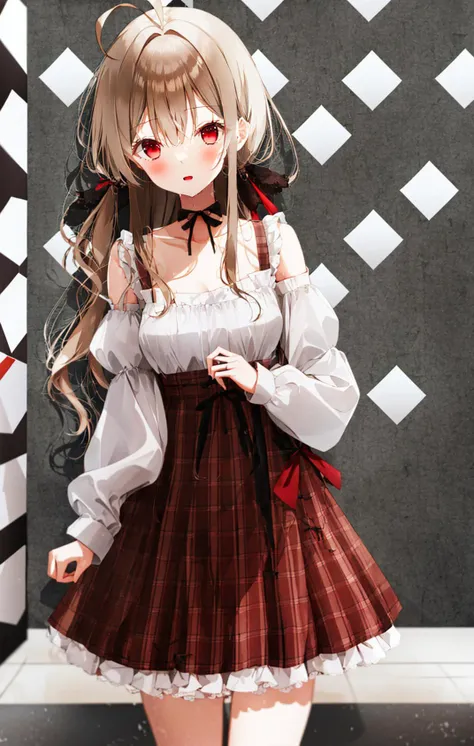 1girl, ahoge, argyle, argyle_background, bangs, bare_shoulders, bathroom, bathtub, blush, board_game, bow, breasts, brick, brick_floor, brick_wall, brown_hair, candy, chain-link_fence, checkered, checkered_background, checkered_floor, chess_piece, chocolate, collarbone, cowboy_shot, floor, food, hair_between_eyes, hair_bow, hair_ornament, hair_ribbon, halftone_background, heart, heart-shaped_chocolate, hexagon, honeycomb_\(pattern\), honeycomb_background, lollipop, long_hair, long_sleeves, looking_at_viewer, medium_breasts, off-shoulder_shirt, off_shoulder, patterned_background, plaid_background, ponytail, puffy_sleeves, red_bow, red_eyes, red_ribbon, red_skirt, restroom, ribbon, shirt, shower_\(place\), sidelocks, silk, skirt, solo, spider_web, stone_wall, tile_floor, tile_wall, tiles, valentine, very_long_hair <lora:style_WERI:1>