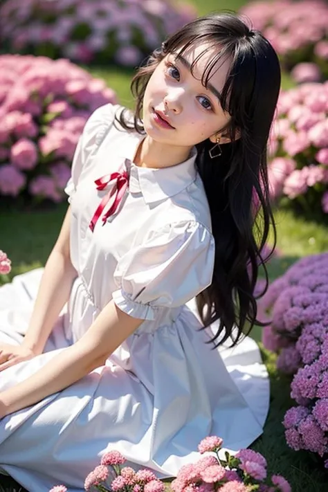(best quality,masterpiece:1.2),1girl,solo,fair skin,8k,ultra high res,ultra detailed,best quality,((looking at viewer)),(((perfect lighting))),(bright lighting),ultra high quality,perfect anatomy,(bangs),(long hair),black hair,(((flat chest))),(((wide collared white shirtdress))),(puffy sleeves),ribbon trim,18yo girl,meari,eyemake,(((narrow waist))),long skirt,flower field,((sitting on ground)),from far above,((from above)),deep forest,((pink and white stripeed long dress)),((long skirt)),((novel illustration)),(a lot of flowers around her),<lora:meari_v01-000008:0.8>,