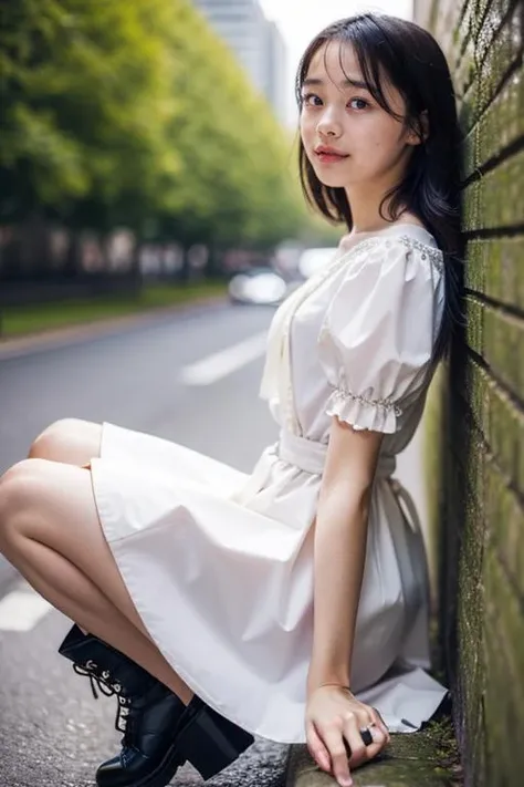 (best quality,masterpiece:1.2),1girl,solo,fair skin,8k,ultra high res,ultra detailed,best quality,(((full body))),((looking at viewer)),(((perfect lighting))),(bright lighting),ultra high quality,ultra high res,(photorealistic),((detailed face)),perfect anatomy,(long hair),((simple background)),yo girl,<lora:meari_v01-000009:0.9>,meari,smile,(bangs),black hair,(eyemake),(((flat chest))),((long legs)),(puffy sleeves),((front face)),(face to face),(((narrow waist))),long skirt,black one piece dress,street,f/2.8,blur background,roadside trees,walking,((from side)),short sleeves,booty,(pochette),(platform short boots),