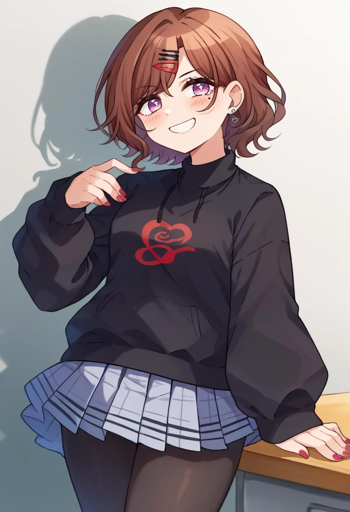 solo, score_9, score_7_up, source_anime, BREAK smile, blush, looking away, <lora:higuchi_madoka_pony:1> higuchi_madoka, purple eyes, mole under eye, brown hair, short hair, swept bangs, hairclip, earrings, red nails, nail polish, black sweater, black pantyhose, pleated skirt plaid skirt, miniskirt, <lora:Momoiiroo_Art_Style_PonyXL:1> momoiiroo,