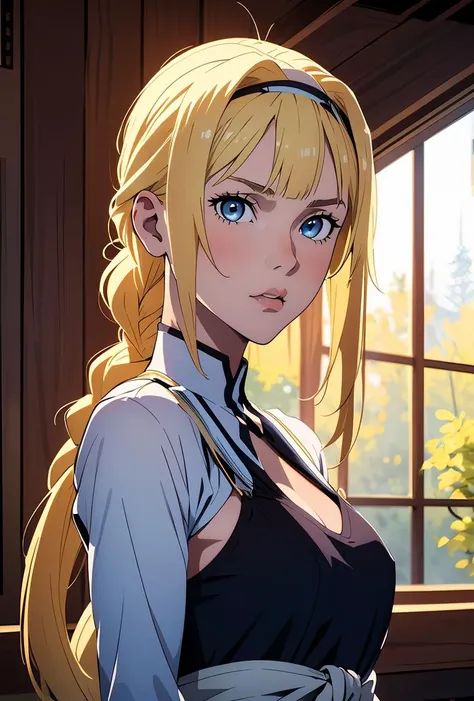 (masterpiece, best quality), 1girl, <lora:1728800639201686717:0.8> (Alice), bangs, blue eyes, blonde hair, very long hair, single braid, braided ponytail, hairband