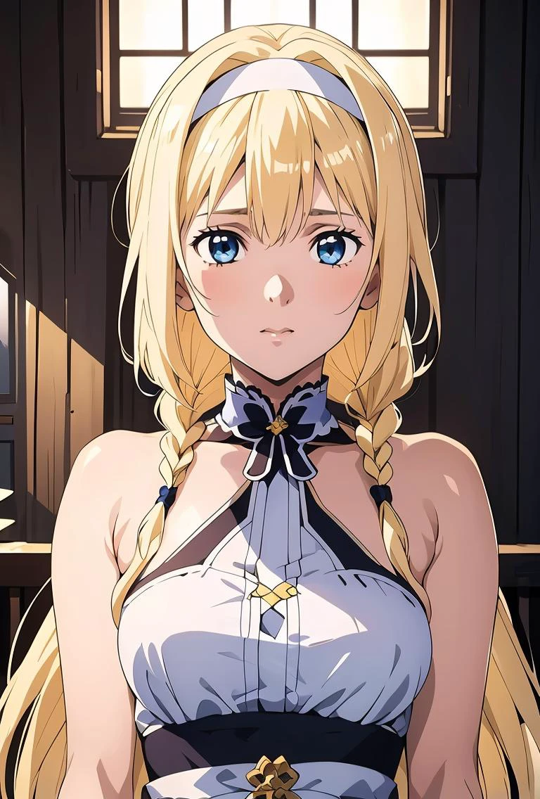 (masterpiece, best quality), 1girl, <lora:1728800639201686717:0.8> (Alice), bangs, blue eyes, blonde hair, very long hair, single braid, braided ponytail, hairband