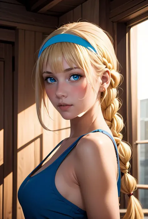 (masterpiece, best quality), 1girl, <lora:1728800639201686717:0.8> (Alice), bangs, blue eyes, blonde hair, very long hair, single braid, braided ponytail, hairband