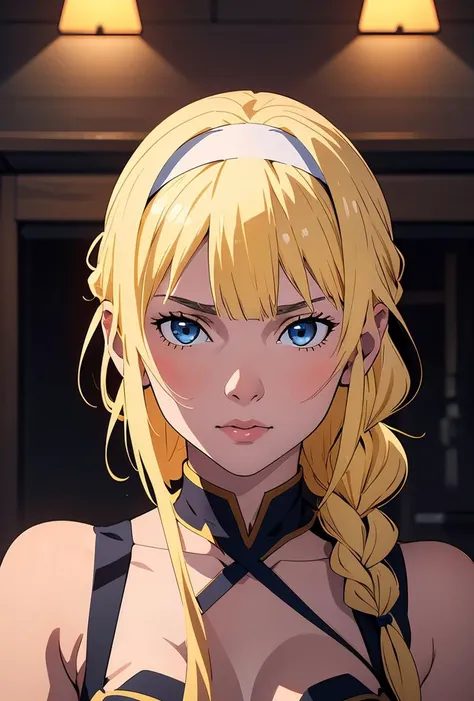 (masterpiece, best quality), 1girl, <lora:1728800639201686717:0.8> (Alice), bangs, blue eyes, blonde hair, very long hair, single braid, braided ponytail, hairband