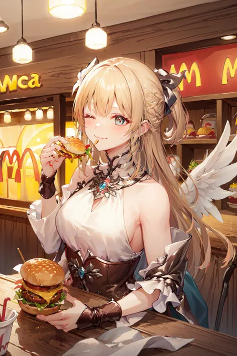 ((masterpiece, best quality)), Nineveh eating a hamburger at McDonalds, smile, eyes closed, <lora:ninevehLostArk_v10:0.8>