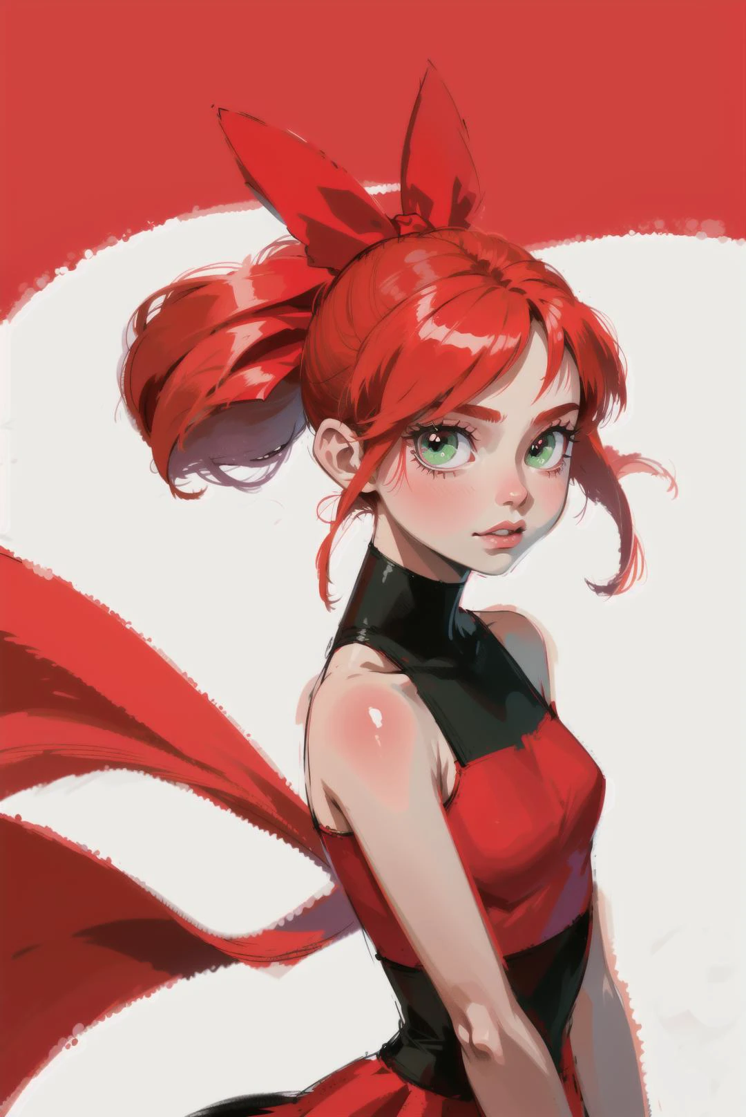 red hair, blossom, red dress, dress, flat chest, green eyes, ponytail, red hair ribbon, powerpuff girls, simple background, solo focus, standing, teeth, upper body, bare shoulders, sleeveless, straight hair, (blossom),<lora:EMS-11559-EMS:0.800000>