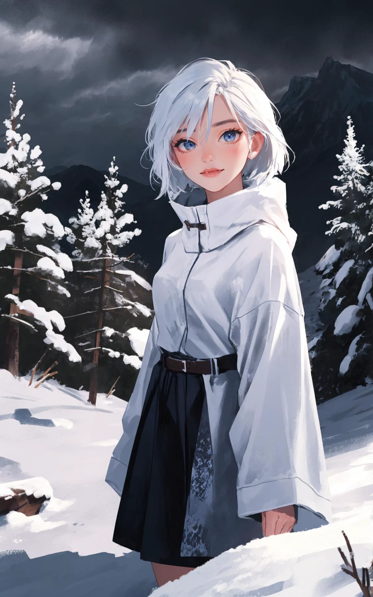 (perfect adorable face:1.3), (cowboy shot, solo-focus, cinematic photoshoot of perfect seductive young woman Navigating a Treacherous Mountain Path in a Blizzard:1.3), perilous journey along a snow-laden mountain path, with fierce blizzard winds sculpting surreal snowdrifts and ice formations, under a brooding, stormy sky.