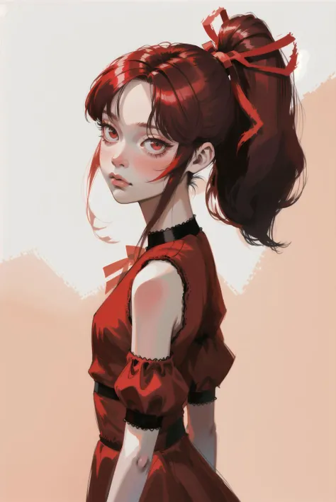 red hair, red dress, dress, flat chest, red eyes, ponytail, red hair ribbon, simple background, solo focus, standing, upper body, bare shoulders, sleeveless, straight hair, hair ribbon,<lora:EMS-70789-EMS:1.000000>