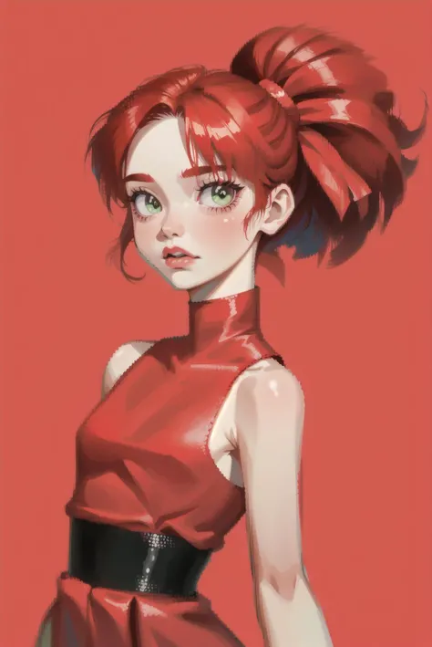 red hair, blossom, red dress, dress, flat chest, green eyes, ponytail, red hair ribbon, powerpuff girls, simple background, solo focus, standing, teeth, upper body, bare shoulders, sleeveless, straight hair, (blossom),<lora:EMS-11559-EMS:0.800000>