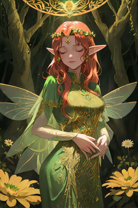 beautiful celtic fairy woman, sidhe, Aos Sí, long wavy (auburn|red) hair, shimmering gold fairy wings, daisy clover flower crown, wearing long flowing emerald green gown with intricate gold embroidery, elf ears, posing in mystical irish forest, early morning, mist, atmospheric lighting, looking away from viewer || atmospheric portrait of a beautiful fairy woman, forest, soft fabric, shimmering details, masterpiece, 8k, high resolution, shallow depth of field, sharp focus