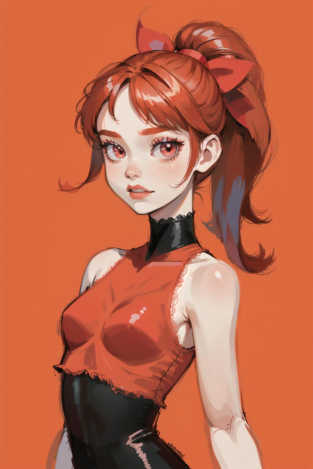 red hair, blossom, red dress, dress, flat chest, red eyes, ponytail, red hair ribbon, powerpuff girls, simple background, solo focus, standing, teeth, upper body, bare shoulders, sleeveless, straight hair, (blossom), hair ribbon, Powerpuff girls, orange hair,<lora:EMS-11559-EMS:0.600000>