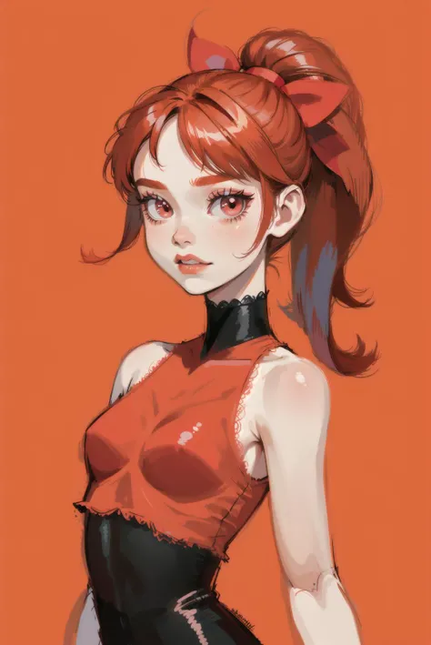 red hair, blossom, red dress, dress, flat chest, red eyes, ponytail, red hair ribbon, powerpuff girls, simple background, solo focus, standing, teeth, upper body, bare shoulders, sleeveless, straight hair, (blossom), hair ribbon, Powerpuff girls, orange hair,<lora:EMS-11559-EMS:0.600000>