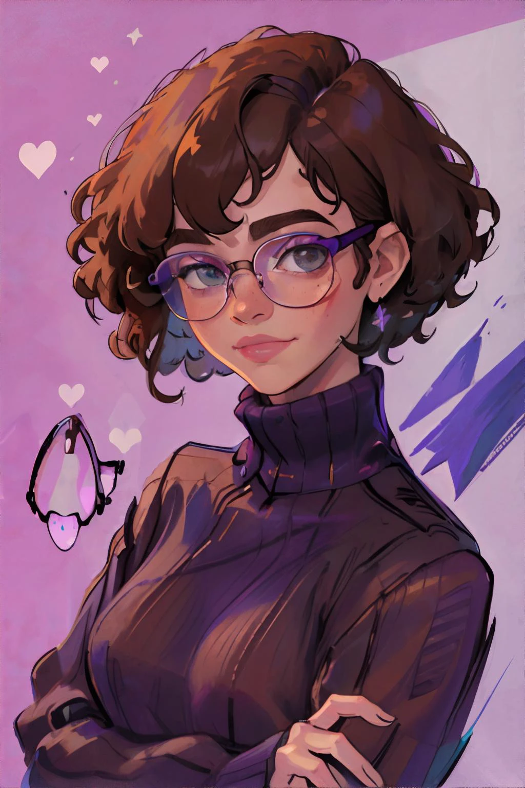 <lora:bzl:0.8>, <lora:curly-blfox:0.7>, bzl_test, curly hair, brown bob haircut, (grey|blue) eyes, glasses, purple sweater, (freckles:0.4), closed smile, simple background || illustration, masterpiece, 8k, high resolution, shallow depth of field, sharp focus