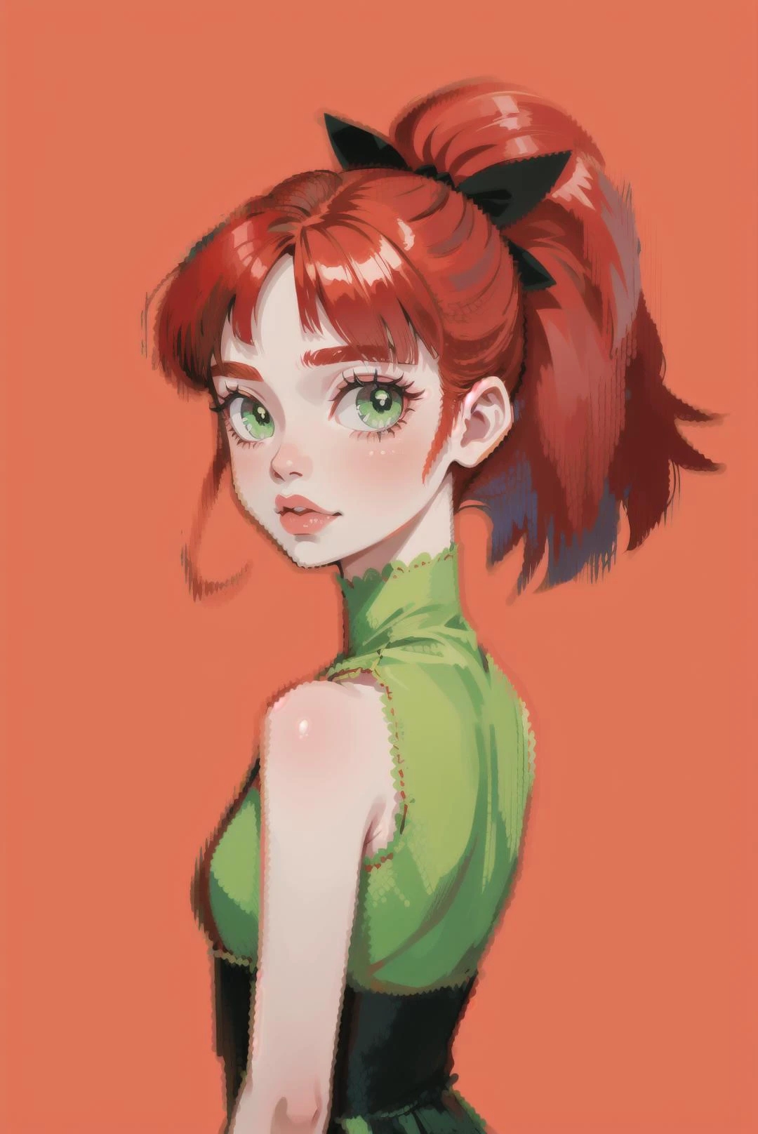 red hair, blossom, red dress, dress, flat chest, green eyes, ponytail, red hair ribbon, powerpuff girls, simple background, solo focus, standing, teeth, upper body, bare shoulders, sleeveless, straight hair, (blossom),<lora:EMS-11559-EMS:0.800000>