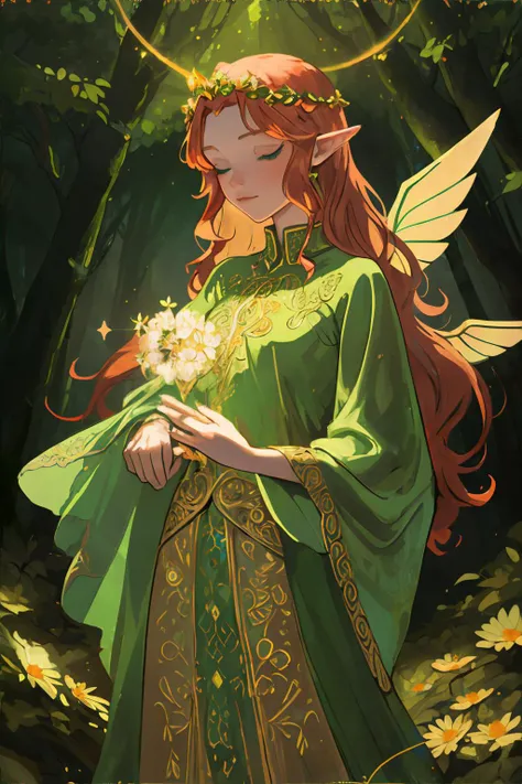 beautiful celtic fairy woman, sidhe, Aos Sí, long wavy (auburn|red) hair, shimmering gold fairy wings, daisy clover flower crown, wearing long flowing emerald green gown with intricate gold embroidery, elf ears, posing in mystical irish forest, early morning, mist, atmospheric lighting, looking away from viewer || atmospheric portrait of a beautiful fairy woman, forest, soft fabric, shimmering details, masterpiece, 8k, high resolution, shallow depth of field, sharp focus