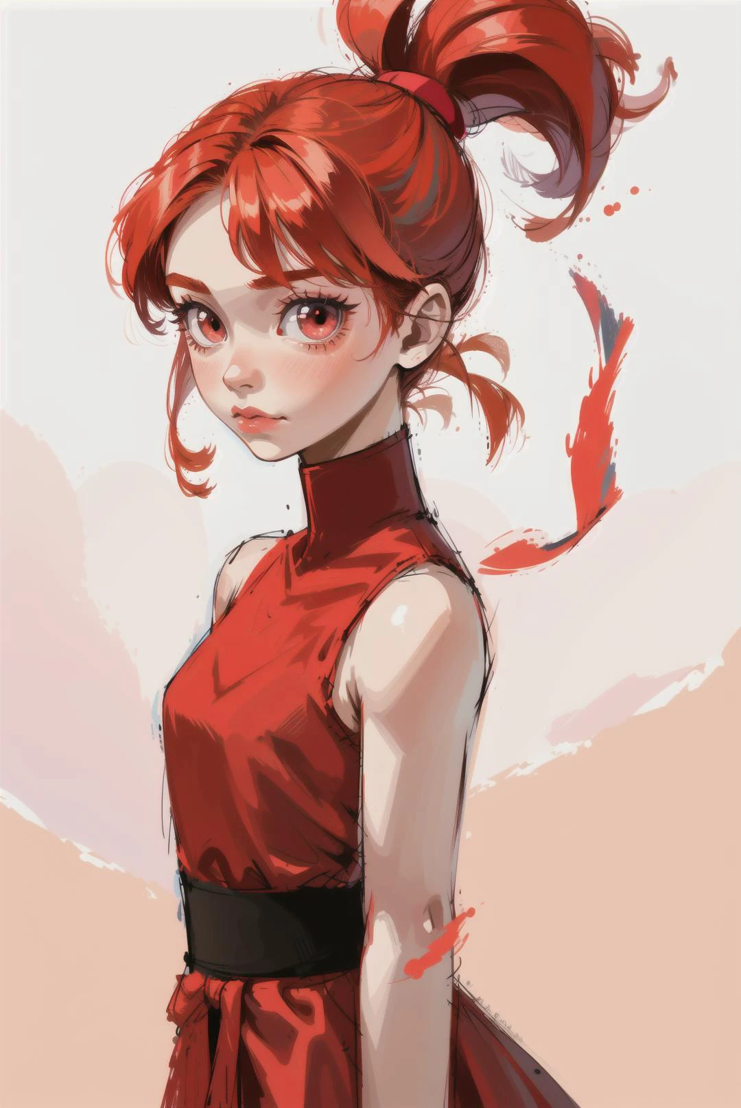 red hair, blossom, red dress, dress, flat chest, red eyes, ponytail, red hair ribbon, powerpuff girls, simple background, solo focus, standing, upper body, bare shoulders, sleeveless, straight hair, (blossom), hair ribbon, orange hair,<lora:EMS-11559-EMS:0.600000>