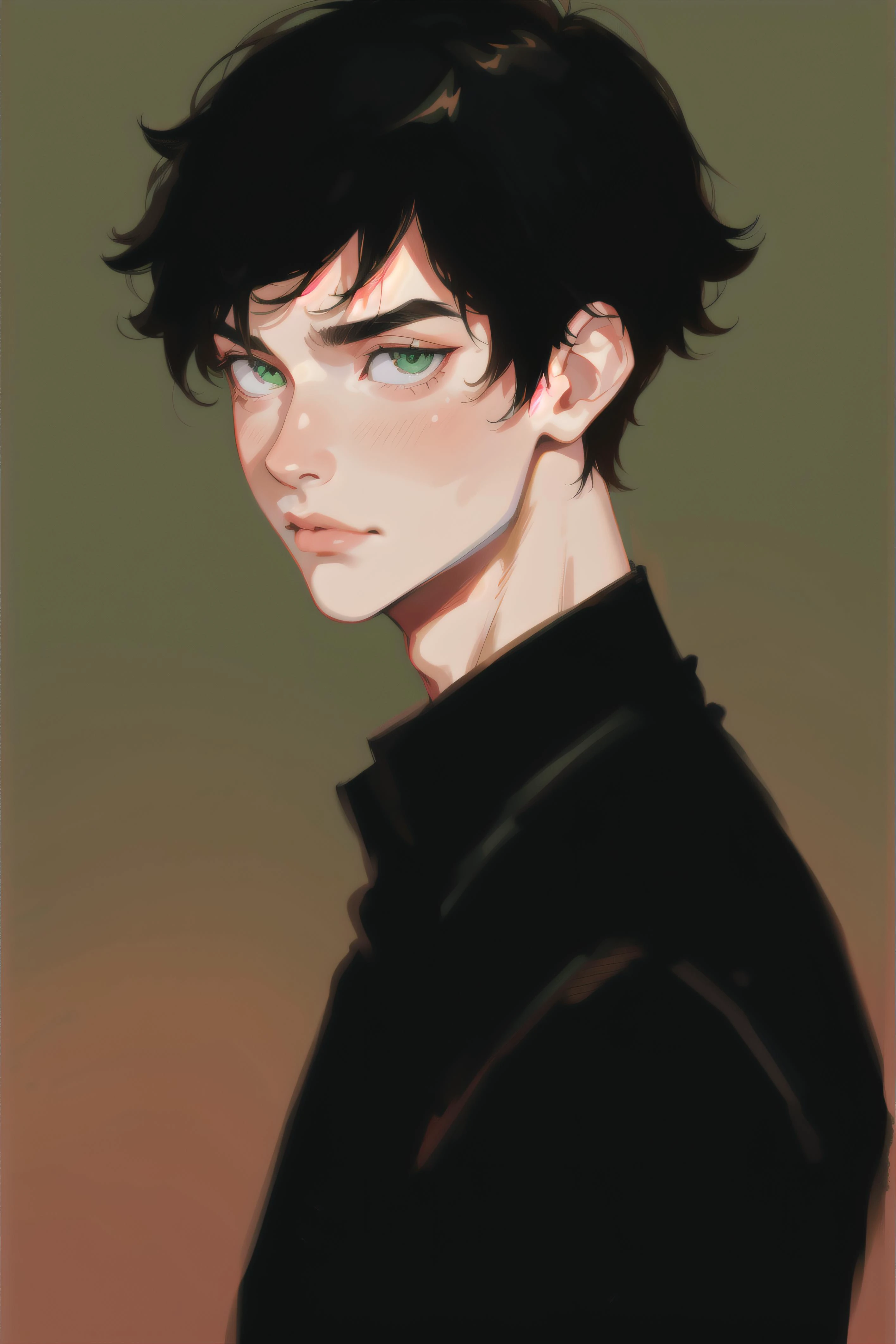 1boy, short hair, upper body, detailed face, simple background, green eyes, black-hair, (black shirt:1.2), male focus, suit, formal, <lora:Flater:0.75>
