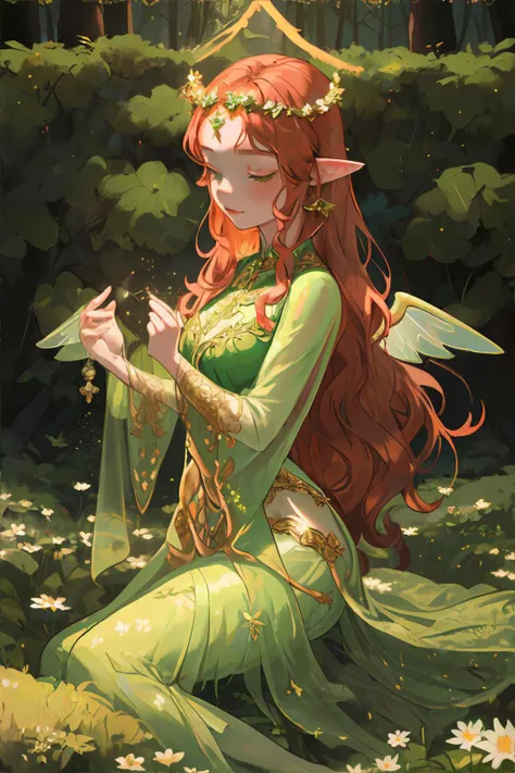 beautiful celtic fairy woman, sidhe, Aos Sí, long wavy (auburn|red) hair, shimmering gold fairy wings, daisy clover flower crown, wearing long flowing emerald green gown with intricate gold embroidery, elf ears, posing in mystical irish forest, early morning, mist, atmospheric lighting, looking away from viewer || atmospheric portrait of a beautiful fairy woman, forest, soft fabric, shimmering details, masterpiece, 8k, high resolution, shallow depth of field, sharp focus