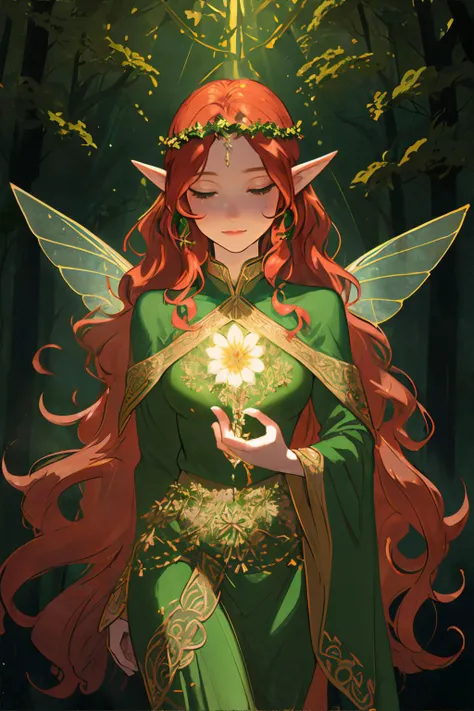 beautiful celtic fairy woman, sidhe, Aos Sí, long wavy (auburn|red) hair, shimmering gold fairy wings, daisy clover flower crown, wearing long flowing emerald green gown with intricate gold embroidery, elf ears, posing in mystical irish forest, early morning, mist, atmospheric lighting, looking away from viewer || atmospheric portrait of a beautiful fairy woman, forest, soft fabric, shimmering details, masterpiece, 8k, high resolution, shallow depth of field, sharp focus