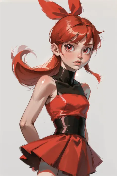 red hair, blossom, red dress, dress, flat chest, red eyes, ponytail, red hair ribbon, powerpuff girls, simple background, solo focus, standing, teeth, upper body, bare shoulders, sleeveless, straight hair, (blossom), hair ribbon, Powerpuff girls, orange hair,<lora:EMS-11559-EMS:0.800000>