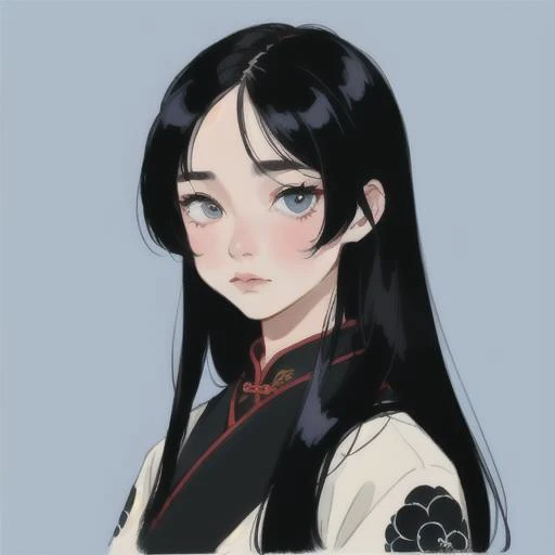 1 girl, black hair, long hair, detailed face, clouse eyes, simple background, blue background, Chinese ink painting , (best quality:1.5), drawing, looking at viewer, close-up, upper body, <lora:Flat_Art_Style_v2:0.2>