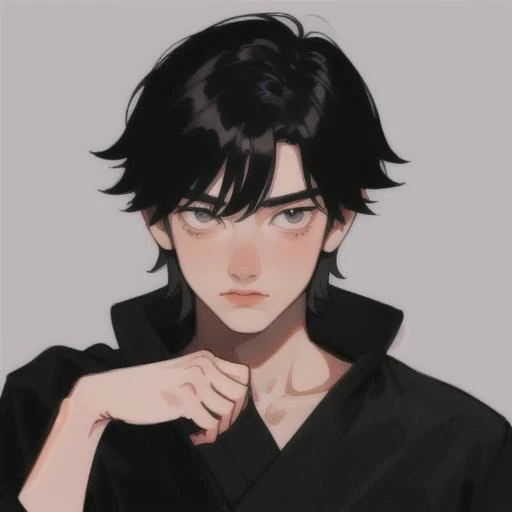 1 boy with black hair, detailed face, simple background, grey background, Chinese traditional ink painting , best quality, drawing, looking at viewer, close-up, upper body, <lora:anime_v2:1.15>