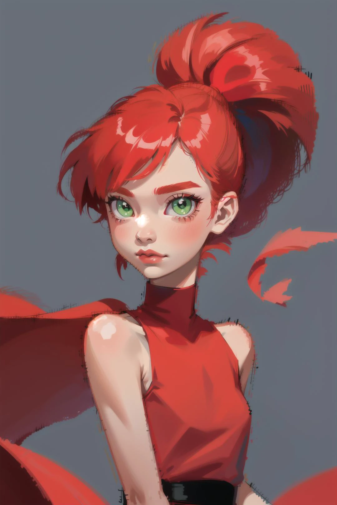 red hair, blossom, red dress, dress, flat chest, green eyes, ponytail, red hair ribbon, powerpuff girls, simple background, solo focus, standing, teeth, upper body, bare shoulders, sleeveless, straight hair, (blossom),<lora:EMS-11559-EMS:0.800000>