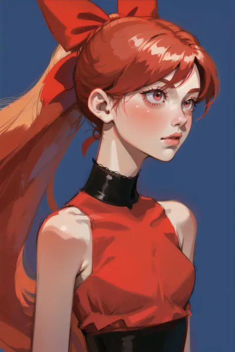 red hair, blossom, red dress, dress, flat chest, red eyes, ponytail, red hair ribbon, powerpuff girls, simple background, solo focus, standing, upper body, bare shoulders, sleeveless, straight hair, (blossom), hair ribbon, orange hair,<lora:EMS-11559-EMS:0.700000>,<lora:EMS-70789-EMS:0.500000>