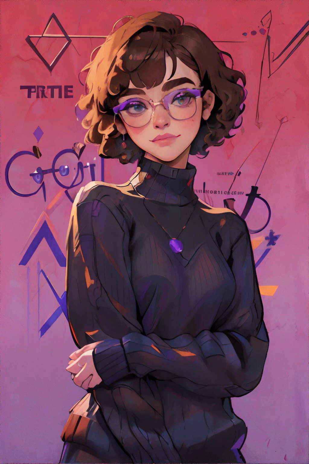 <lora:bzl:0.8>, <lora:curly-blfox:0.7>, bzl_test, curly hair, brown bob haircut, (grey|blue) eyes, glasses, purple sweater, (freckles:0.4), closed smile, simple background || illustration, masterpiece, 8k, high resolution, shallow depth of field, sharp focus