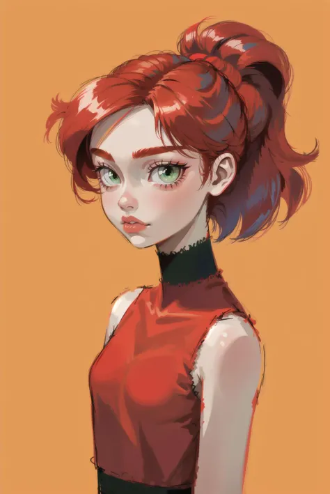 red hair,  blossom,  red dress,  dress,  flat chest,  green eyes,  ponytail,  red hair ribbon,  powerpuff girls,  simple background,  solo focus,  standing,  teeth,  upper body,  bare shoulders,  sleeveless,  straight hair, (blossom),<lora:EMS-11559-EMS:0.800000>