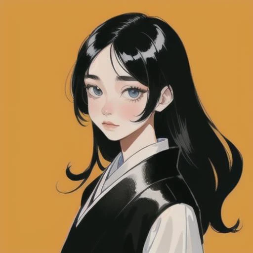 1 girl, black hair, long hair, detailed face, clouse eyes, simple background, blue background, Chinese ink painting , (best quality:1.5), drawing, looking at viewer, close-up, upper body, <lora:Flat_Art_Style_v2:0.3>