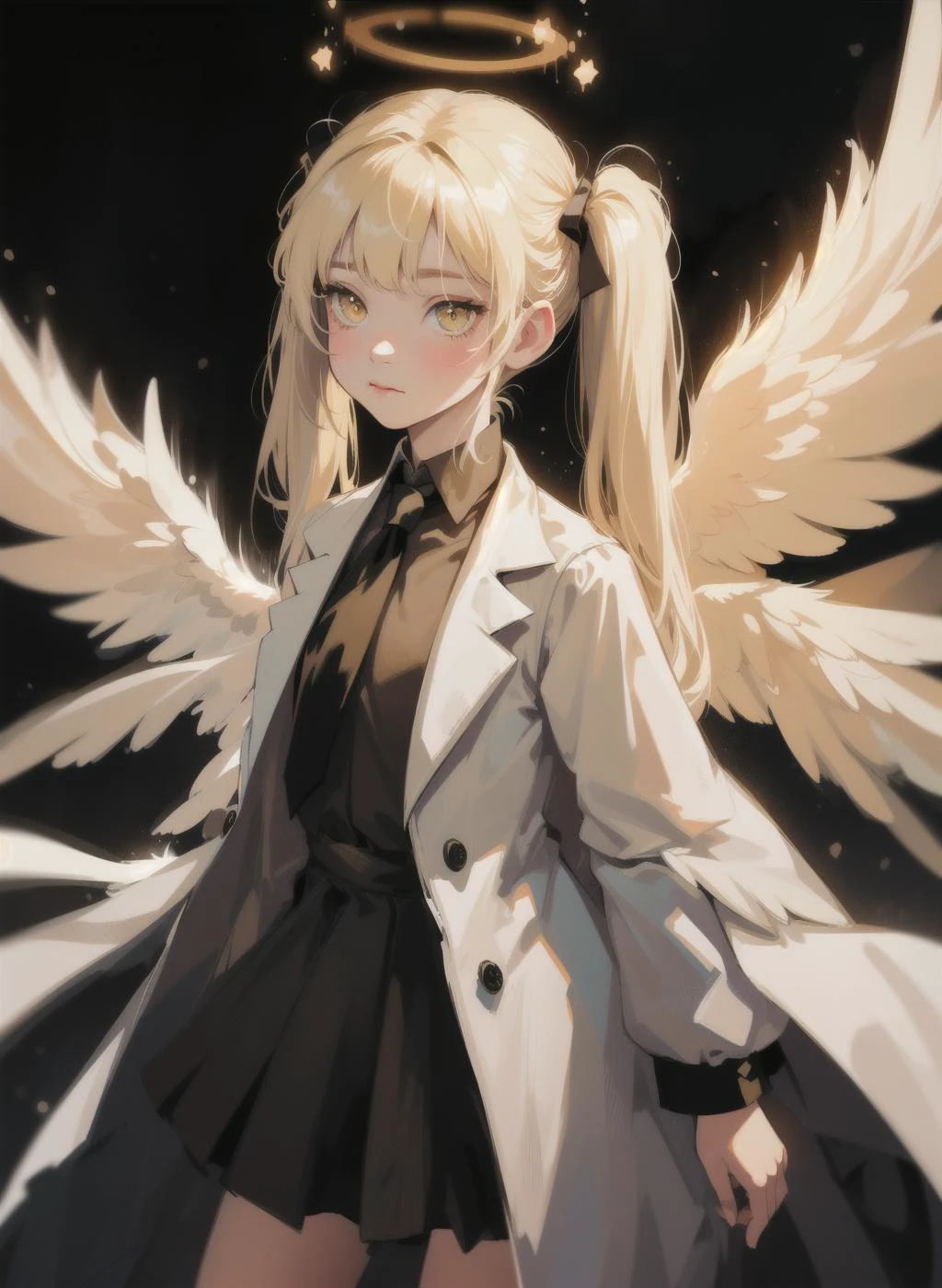 (masterpiece, Best Quality:1.3), (Ultra-detailed:1.3),
1girl in, Solo, (White hair, hair messy, Long hair),
(Angel wings, Angel Halo), flat chest, Yellow eyes,
(White shirt, black necktie, Black coat, Open coat), Cowboy Shot, Cinematic lighting, (((Glowing particles of light))), (arms behind back), Dynamic Angle, (((Petite girl with blonde twin tails))), <lora:SilvermoonMix12_V71:1>