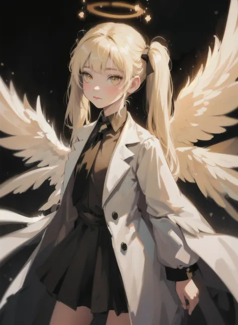 (masterpiece, Best Quality:1.3), (Ultra-detailed:1.3),
1girl in, Solo, (White hair, hair messy, Long hair),
(Angel wings, Angel Halo), flat chest, Yellow eyes,
(White shirt, black necktie, Black coat, Open coat), Cowboy Shot, Cinematic lighting, (((Glowing particles of light))), (arms behind back), Dynamic Angle, (((Petite girl with blonde twin tails))), <lora:SilvermoonMix12_V71:1>