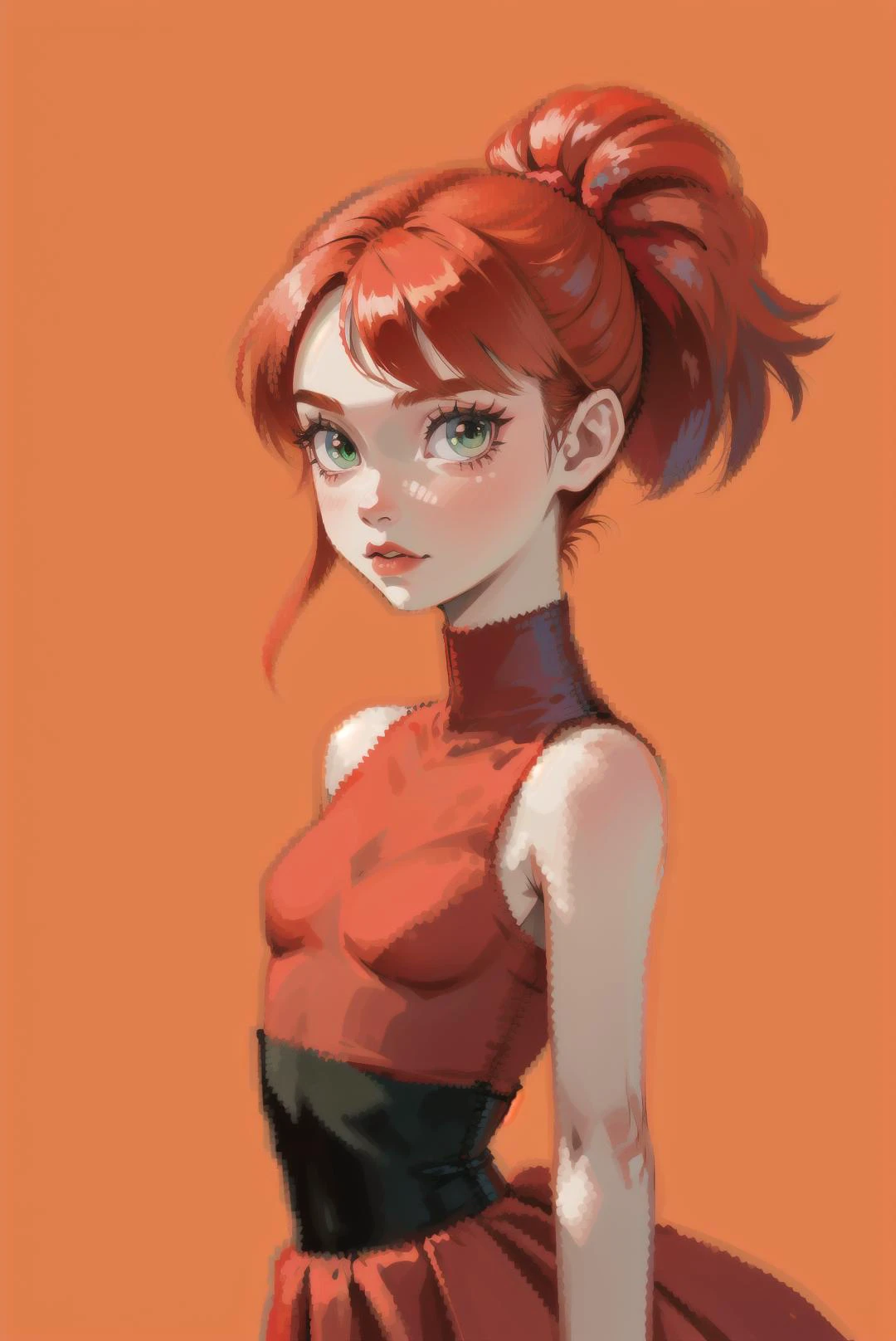 red hair, blossom, red dress, dress, flat chest, green eyes, ponytail, red hair ribbon, powerpuff girls, simple background, solo focus, standing, teeth, upper body, bare shoulders, sleeveless, straight hair, (blossom),<lora:EMS-11559-EMS:0.800000>