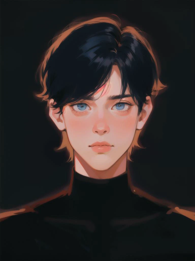 1boy, short hair, upper body, detailed face, simple background, dark blue background, <lora:Flat_Art_Style_v2:1>